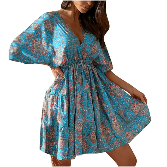 Robe d'Été pour Femmes 2024 Mode Grande Taille Col en V Manches Courtes Imprimée Robe Ample Manches Courtes Robe Col en V Rabais de 50 % Liquidation!