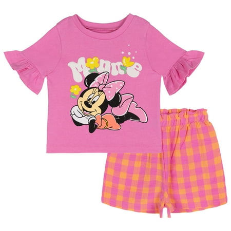 Disney Minnie Mouse Little Girls' 2-Piece Tee and Shorts Set Minnie Pink Plaid