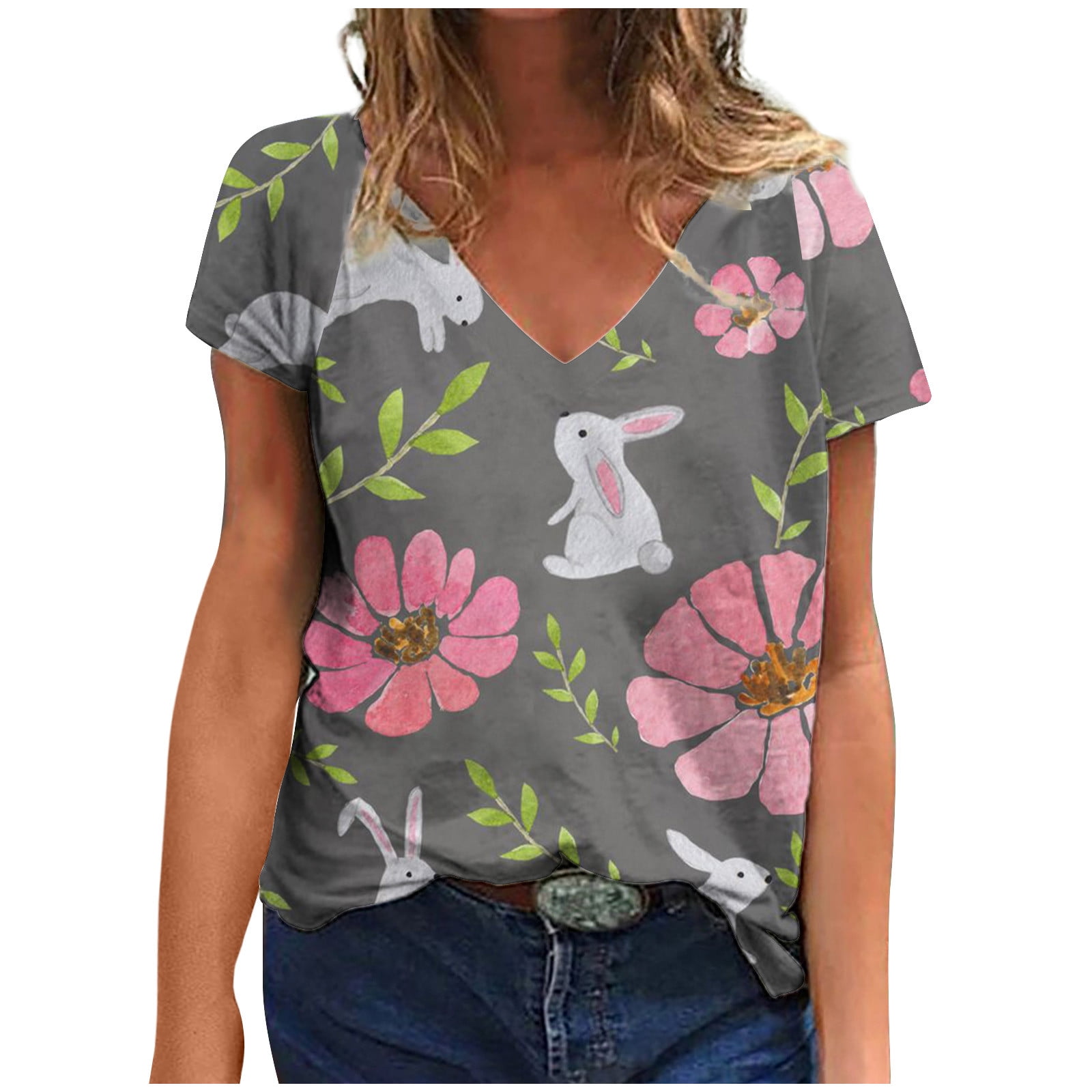 Easter Shirts for Women Sexy Vneck Short Sleeves Tees Top Rabbit