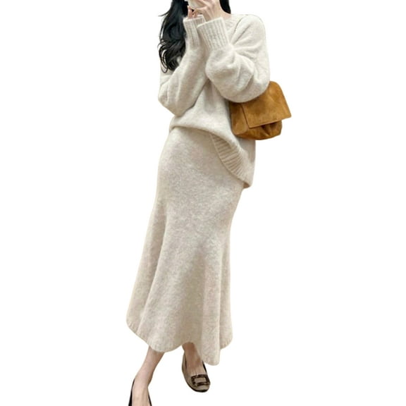 Womens 2 Piece Skirts Sets Fashion Sweater Midi Dress Knit Lounge Travel Outfits Rice One Size