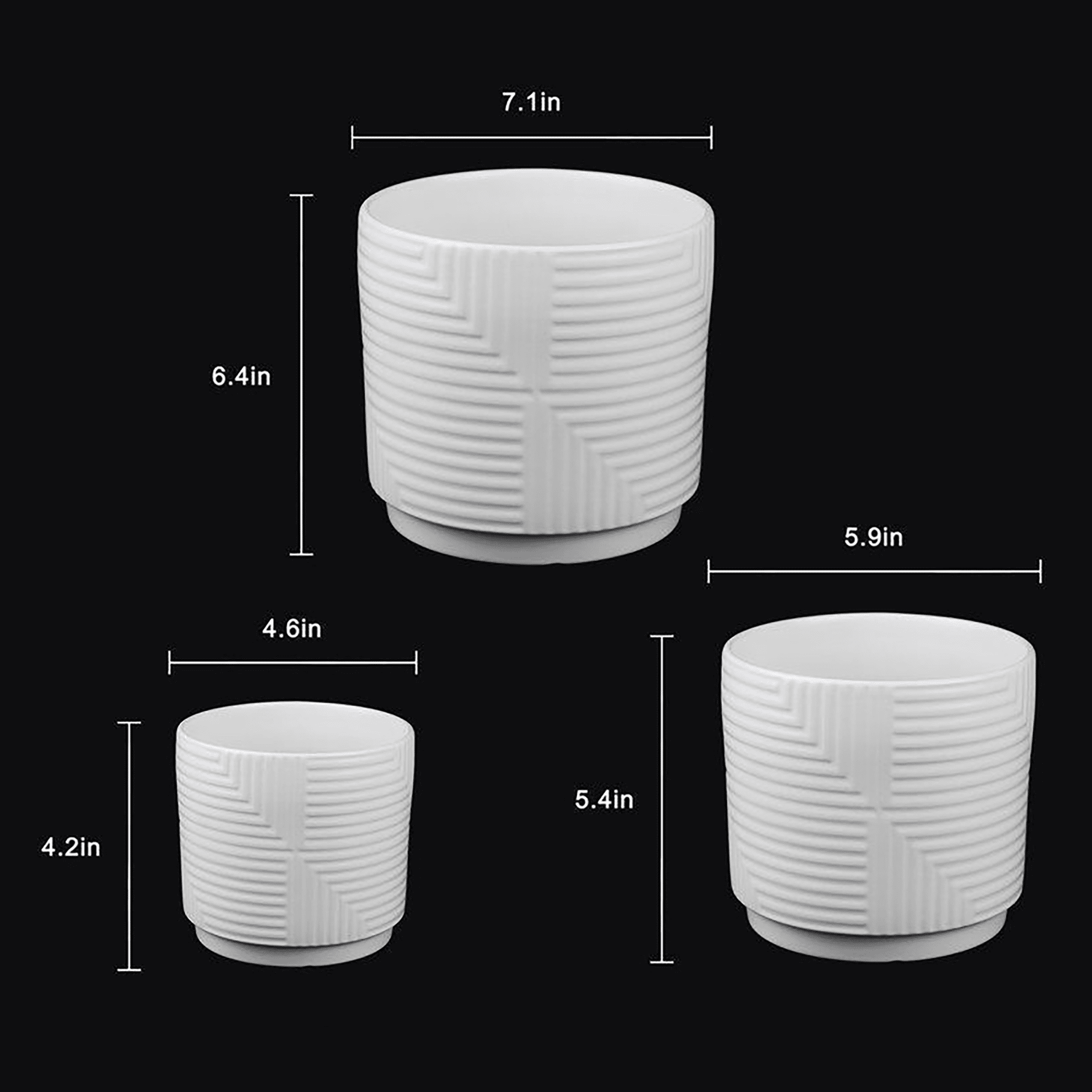 Set of 3 White Textured Stoneware Planters, Modern Round Flower Pots with Geometric Design