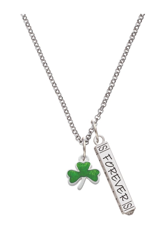 Silvertone Translucent Green Shamrock Silvertone Forever Bar Charm Necklace, 23"