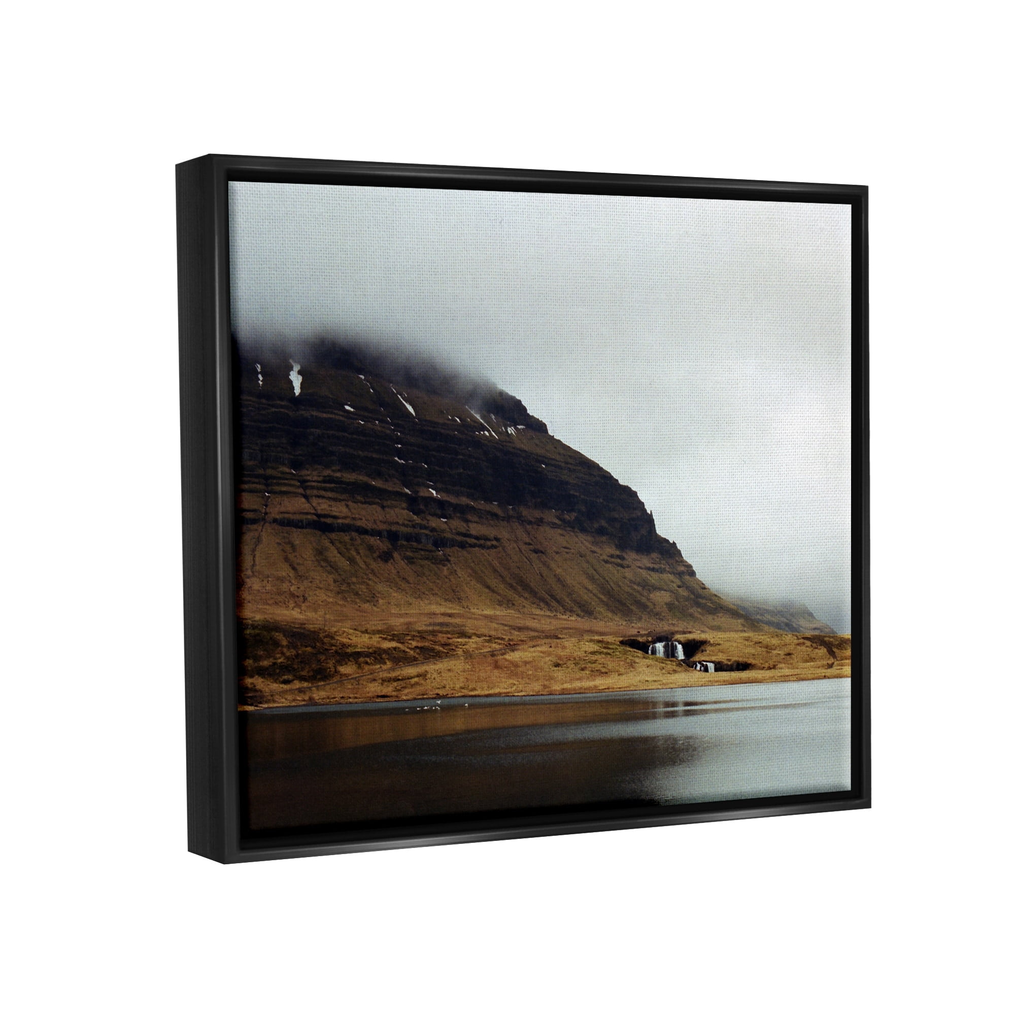 Stupell Industries Lake Side Cliffs Looming Fog Plateau Landscape Photograph Jet Black Floating Framed Canvas Print Wall Art, Design by Lynann Colligan