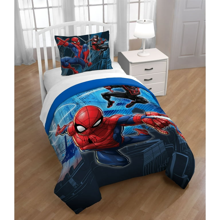 Spider Man Miles Kids 2 Piece Twin Full Reversible Comforter and Sham Bedding Set Microfiber Blue Marvel