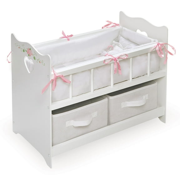 Doll Crib with Bedding, Two Baskets, and Free Personalization Kit - White Rose