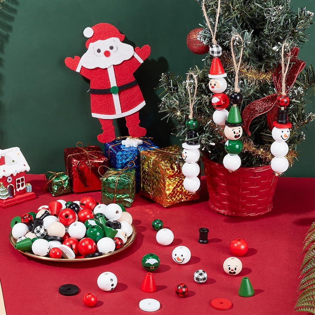 216 Pcs Christmas Wood Beads Cloumn Beads Cone Beads Round Beads Smooth Wooden Beads Handmade Loose Wood Spacer Beads Colorful Beads with Holes for Christmas DIY Crafts Jewelry Making