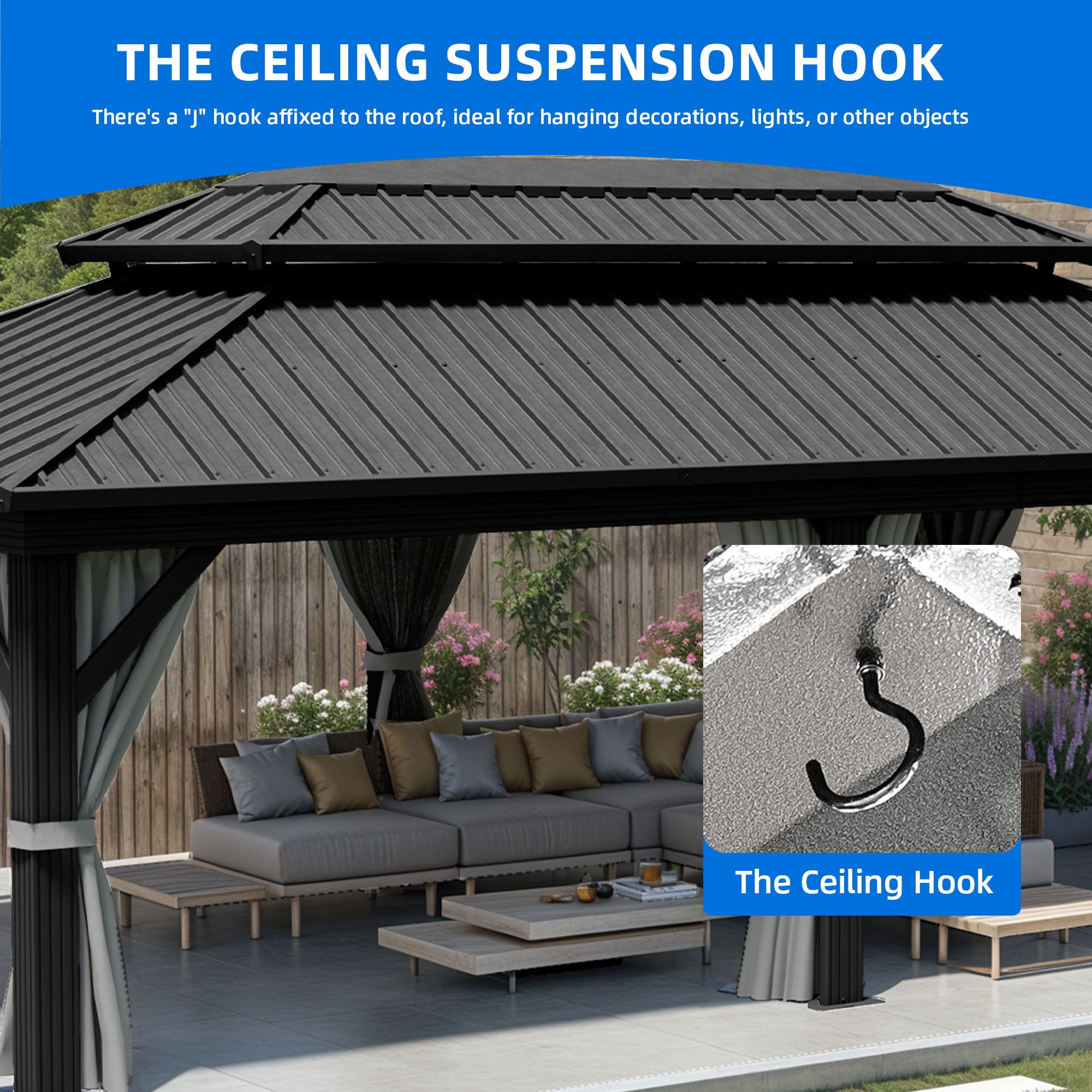 Dextrus 12x18ft Large Double Roof Hardtop Gazebo with Nettings & Gray Curtains,Heavy Duty Double Roof Galvanized  Iron Aluminum Canopy,Sunshade for Garden, Patio, Lawns, Black&Gray