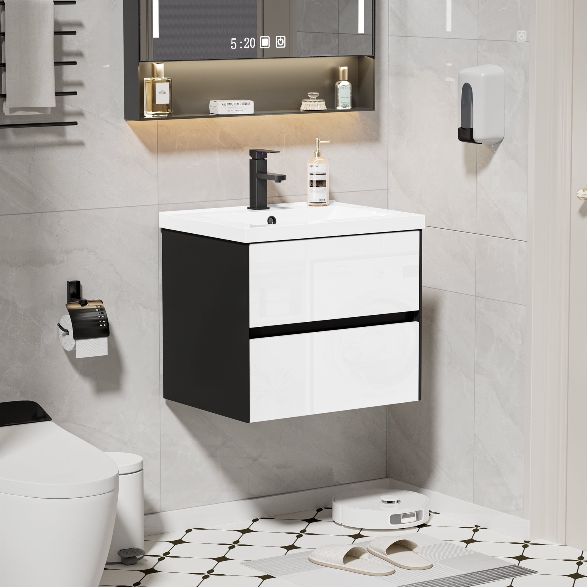 Eclife 24" Black and White Single Bathroom Vanity with Integrated Sink Top, Faucet and Drain