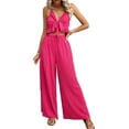 thumbnail image 2 of Women'S 2 Piece Outfits Sleeveless Tie Front Crop Top Wide Leg Pants Set Rose Red S, 2 of 7