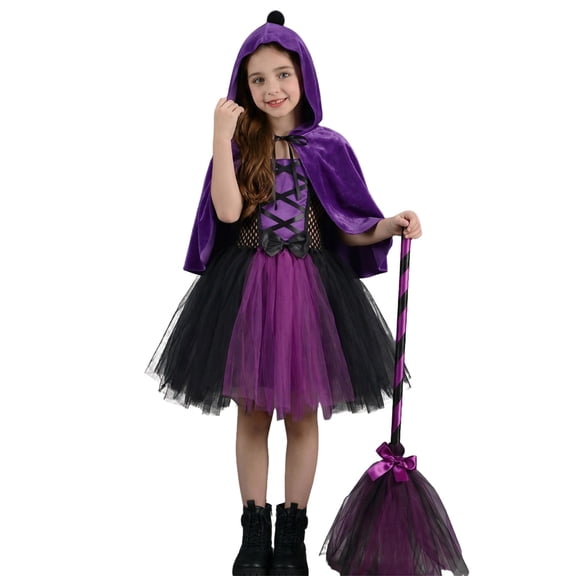 MEZZALL Girls Halloween Witch Dress Kids Pumpkin Witch Outfit Role Play Apparel Toddler Party Fancy Relaxed Fit Clothes Sets