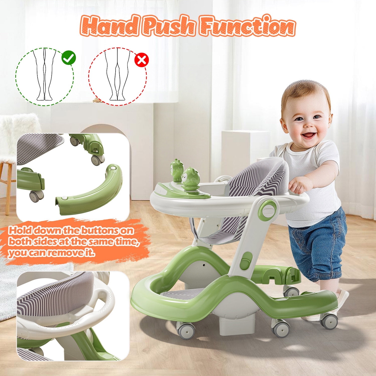 WonderStone 5 in 1 Baby Walker, Foldable Push Walker with Wheels, Music & Light, Baby Bouncer, Baby Activity Center for Boy Girl 6-12 Months (Green)