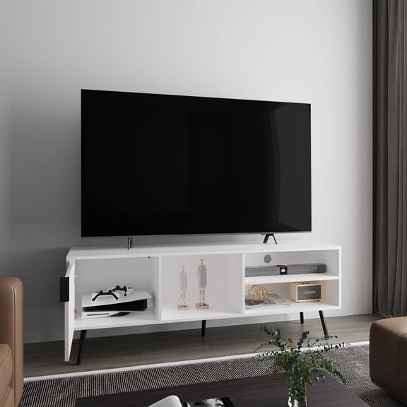 JUYG TV Stand, White, 1 Door, 3 Shelves
