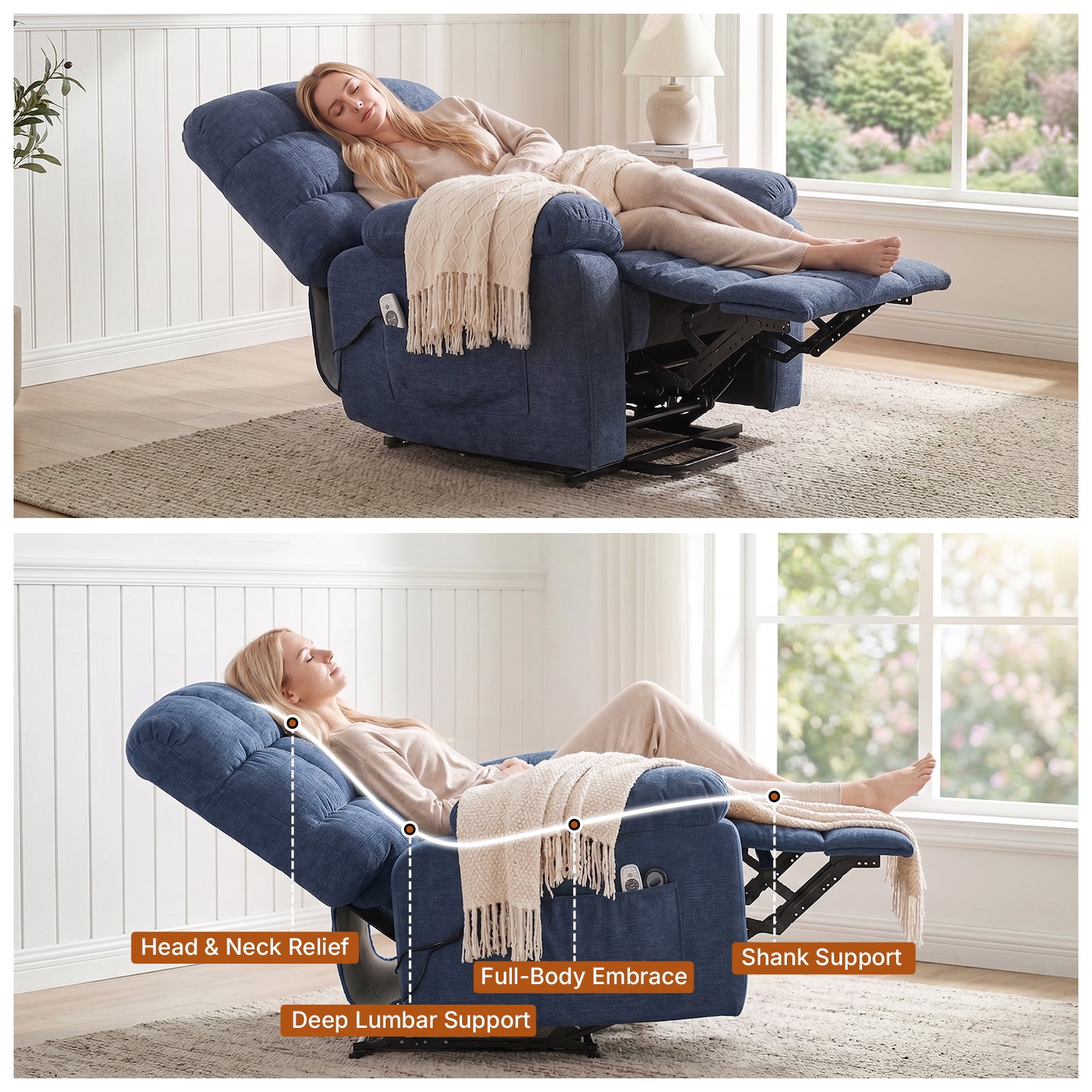 360 Swivel Manual Recliner Chair with Heat and Massage, Overstuffed Comfy Ergonomic Recliner for Elderly Seniors, Lumbar Back Pain Relief w/Pockets, Home Theater Living Room, Blue