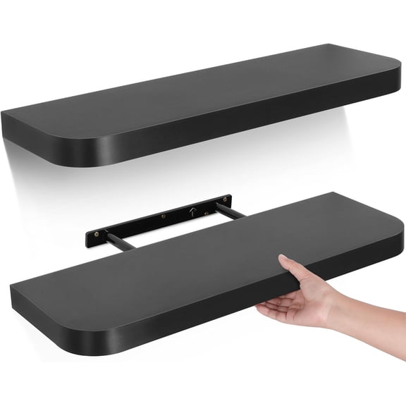 Black Floating Shees For Wall 24 Inch Wall Mounted Wood Shelf Set Of 2 Modern Home Decor Storage Large Shelf Long Heavy Duty For Bathroom Bedroom Kitchen Office Living Room
