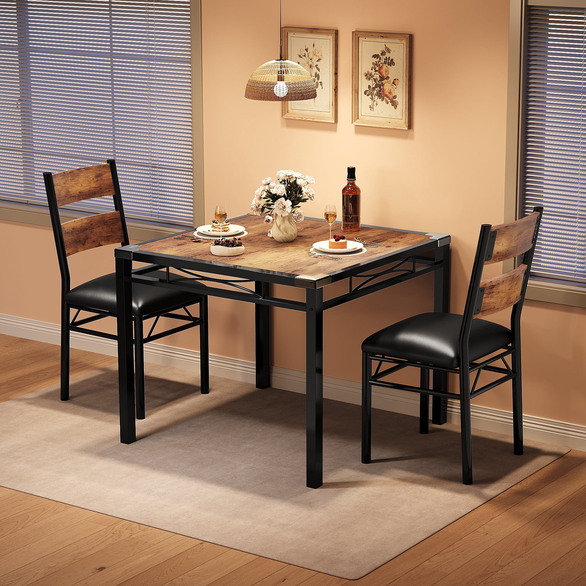 Space-Saving Dining Table Set – 3-Piece Compact Bistro Furniture with 2 Upholstered Chairs, Durable Wood Table, Ideal for Apartments & Breakfast Nooks, Rustic Vintage Style – Vintage Color, 1+2