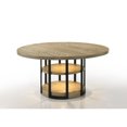 thumbnail image 2 of Miekor Furniture Eden 7Pc 59" Round Rustic Oak Dining Set with LED Light, Black Metal Table Frame, Shelves, Beige Linen Chairs 42009, 2 of 10
