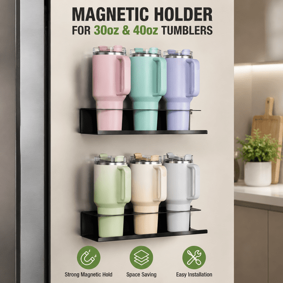 VALUNE 2 Pack Magnetic Cup Holder for Fridge, Water Bottle Organizer for Stanley & Tumblers with Double Sided Tape, Stanley Cup Accessories for Kitchen Cabinet