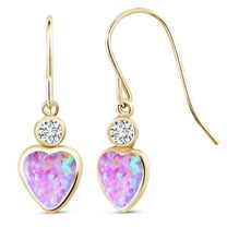 Gem Stone King 14K Yellow Gold Pink Opal and White Lab Grown Diamond French Wire Dangle Hook Earrings for Women (1.70 Cttw, Gemstone October Birthstone, Heart 6MM, Round 3MM)
