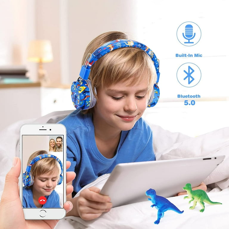 QearFun Dinosaur Headphones for Boys Kids for School Kids Bluetooth Headphones with Microphone 3.5mm Jack Teens Toddlers Wireless Headphones with