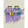 thumbnail image 3 of BemeyourBBs Newborn Baby Girl Mardi Gras Outfit Footed Romper Spring Fall Winter Carnival Clothes They Found Me In A King Cake Long Sleeve Ruffle Collar Letter Footied Embroidery Jumpsuit Headband, 3 of 9