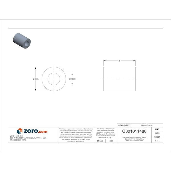 Stainless Steel Unthreaded Round Spacers, 3/8 in Screw Size, Plain 18-8 Stainless Steel