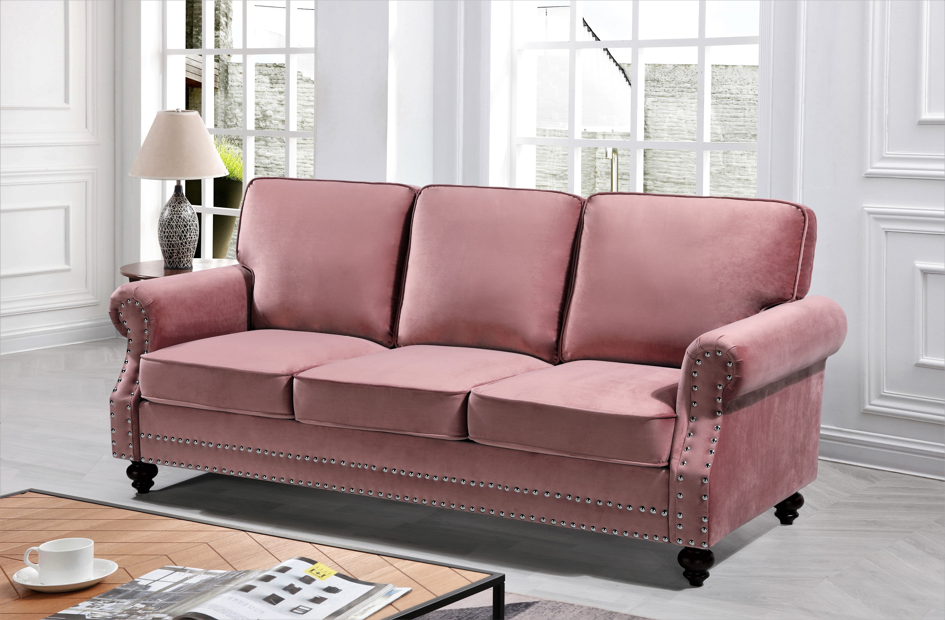 Uspridefurniture Feingold 85'' Velvet Rolled Arm Sofa, Pink