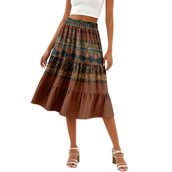 WTOBBY Women's Casual High Waist A-Line Skirt with Polka Dot Retro Print and Pockets, Flowy Maxi Skirt for Daily Boho Wear, Elastic Waist Design for Comfort,Coffee L