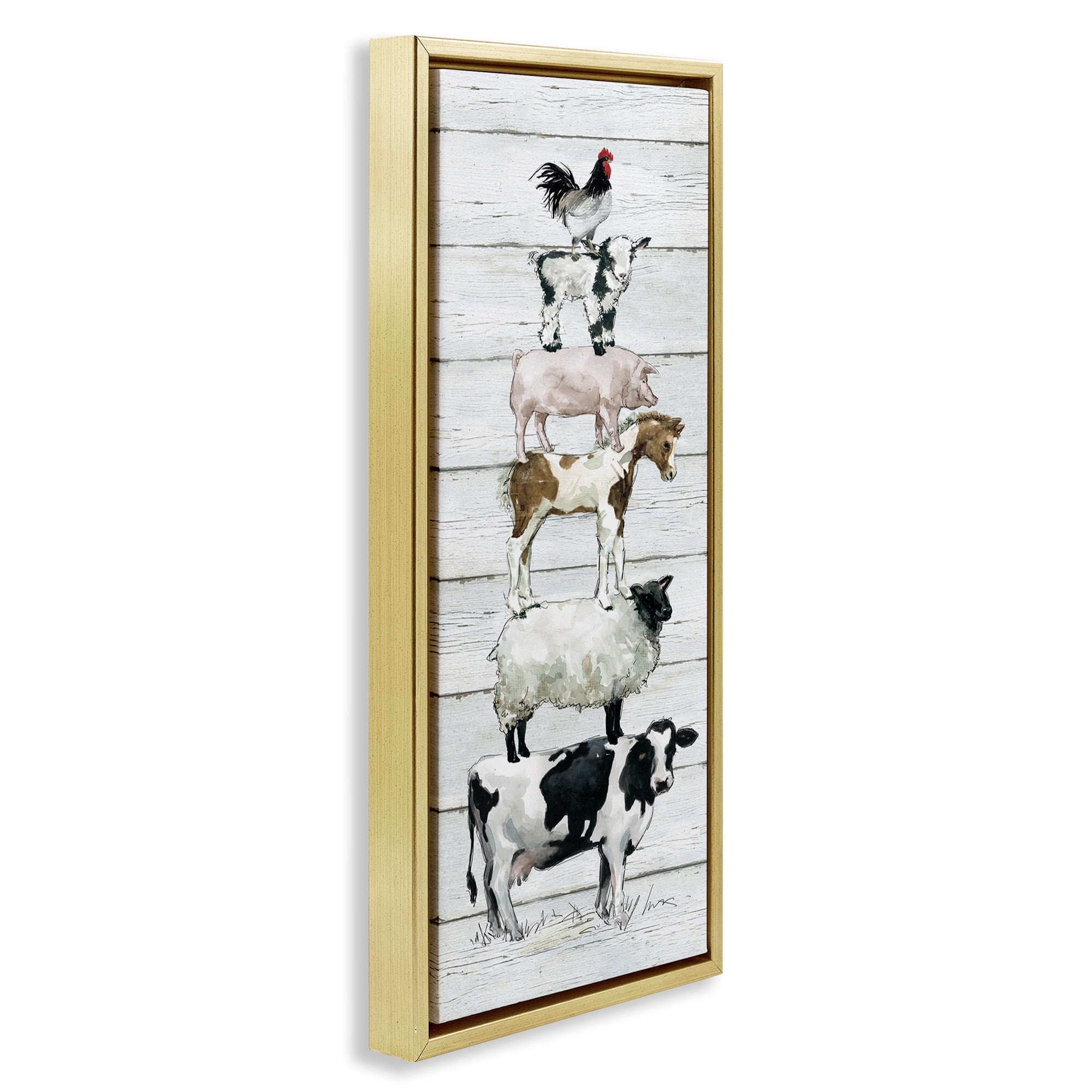 Stupell Industries Country Farm Animal Stack Animals & Insects Painting Gold Floater Framed Canvas Art Print Wall Art, 11 x 25