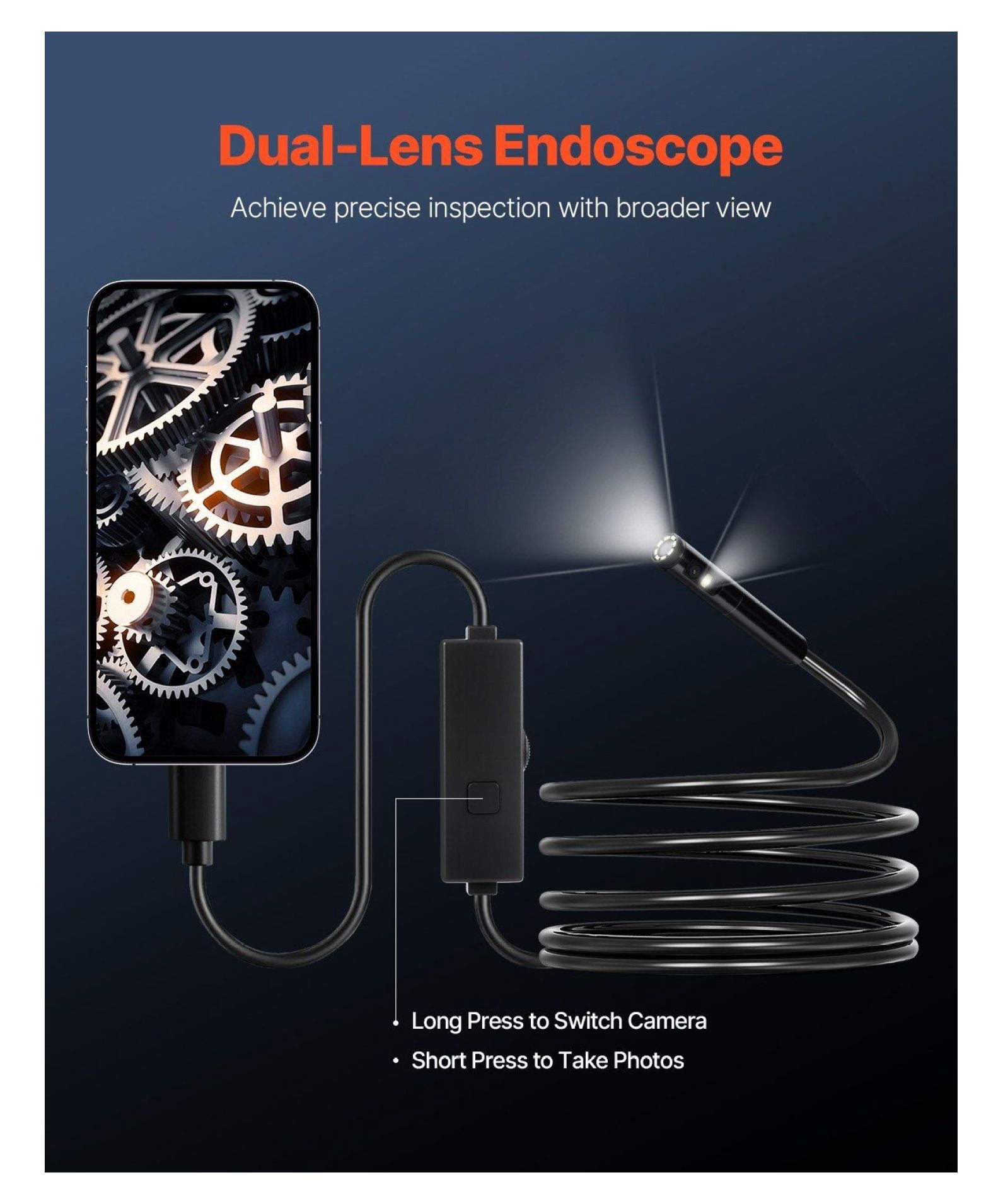 Dual Lens Borescope Endoscope Camera, 10FT Snake Cable, for Android & iOS - Auto Engine, Sewer, HVAC Inspection