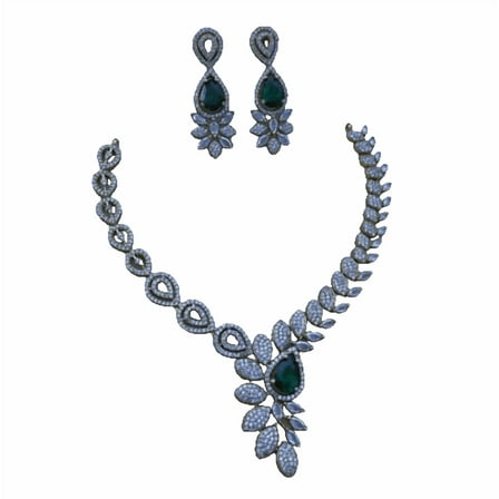 South Indian Bollywood Antique Gold Plated AD CZ White & Green Stone Haaram Matte Finish Brass Short Necklace with Matching Drop Earrings – Bridal & Party Wear Jewelry Set