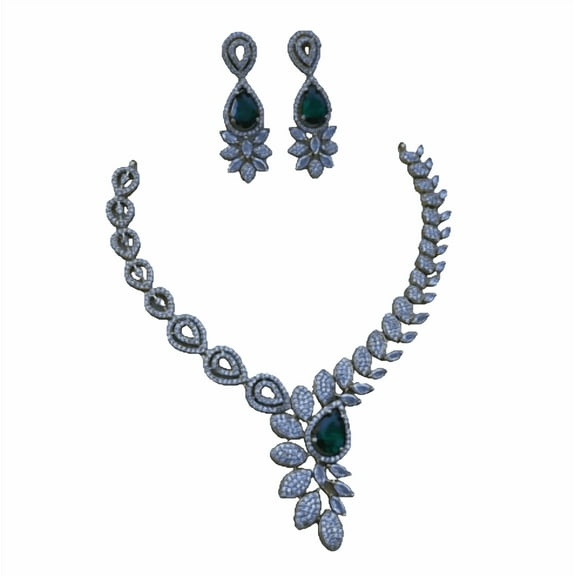 South Indian Bollywood Antique Gold Plated AD CZ White & Green Stone Haaram Matte Finish Brass Short Necklace with Matching Drop Earrings – Bridal & Party Wear Jewelry Set
