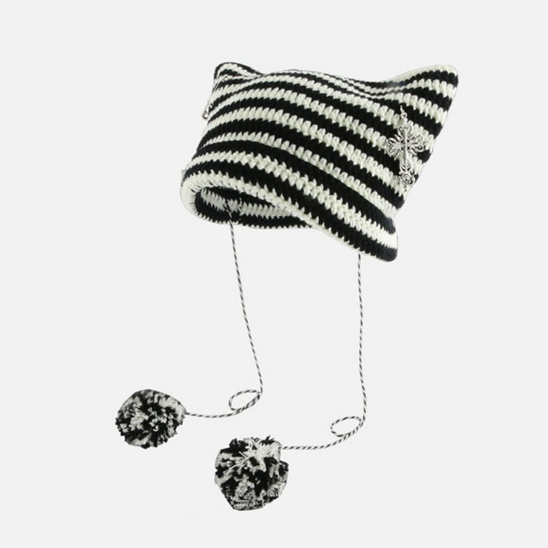 Cute Cat Ear Beanie With Pom Poms | Striped Knit Winter Hat For Women & Girls, Devil Horn Crochet Hat