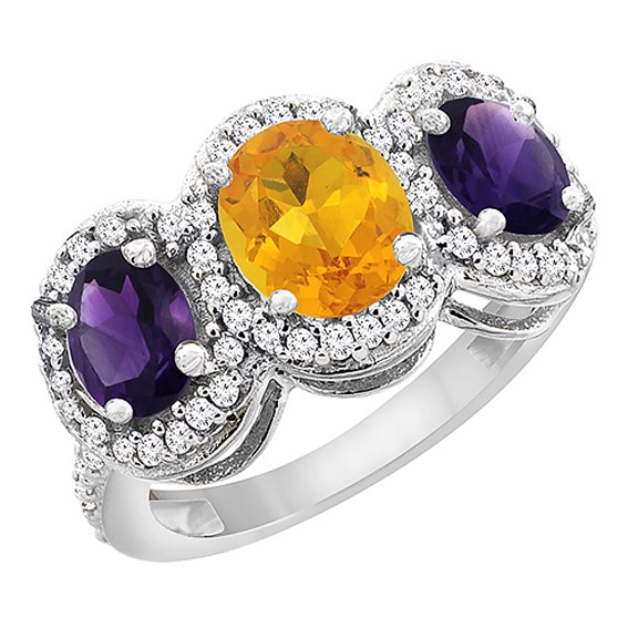14K White Gold Natural Citrine & Amethyst 3-Stone Ring Oval Diamond Accent, size 5