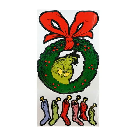 Hoe the Grinch Stole Christmas, Grinch Door and Wall Sticker with Christmas Wreath and Stockings, 7 piece set, by Ruz, Multi-color
