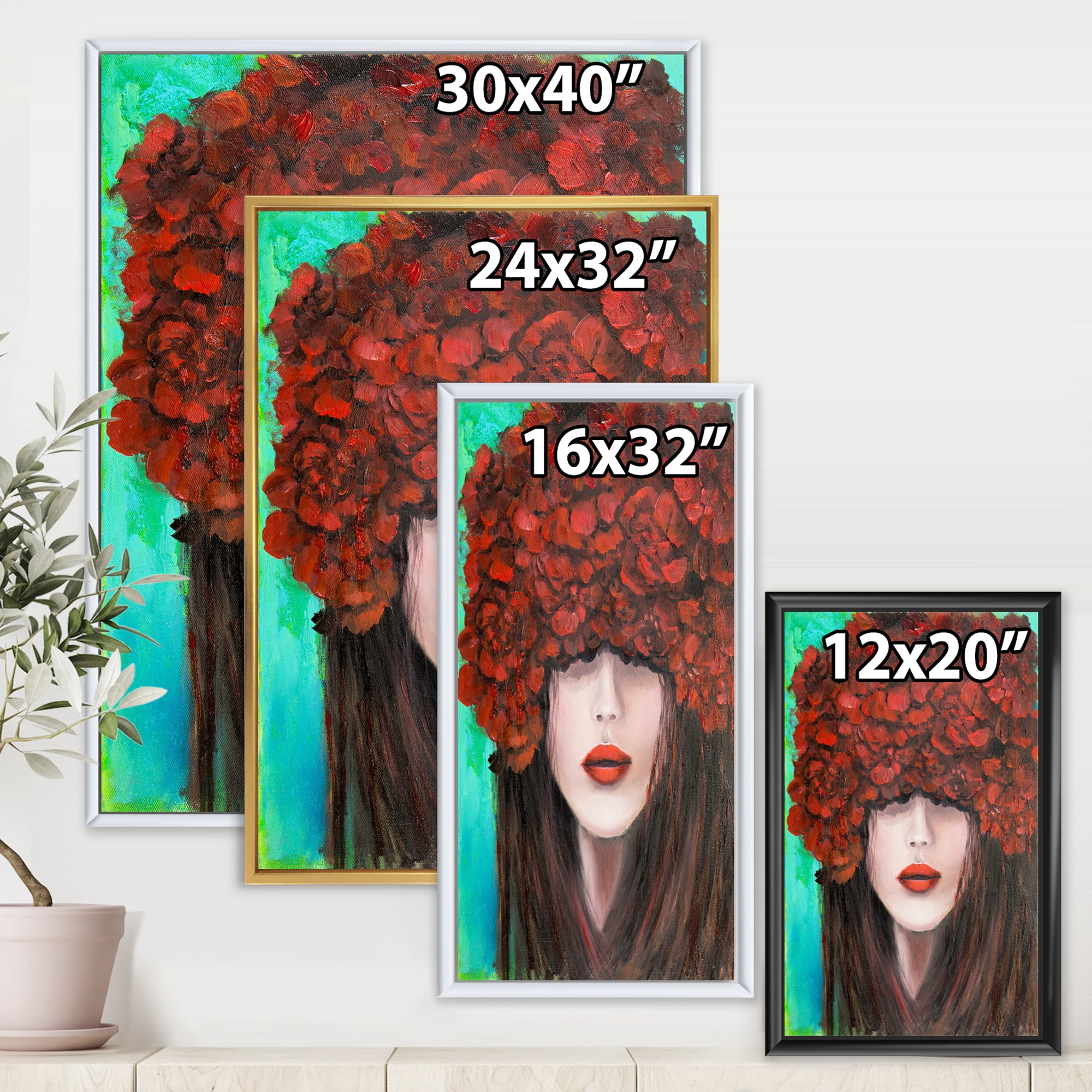 Portrait Of A Young Lady With Red Flowers 16 in x 32 in Framed Painting Canvas Art Print, by Designart
