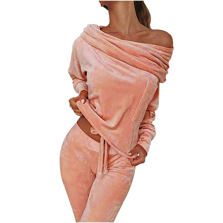

Womens Loungewear 2 Piece Sets Long Sleeve Off Shoulder Pullover Loose Long Pants Velvet Suits Pajamas Sets Homewear