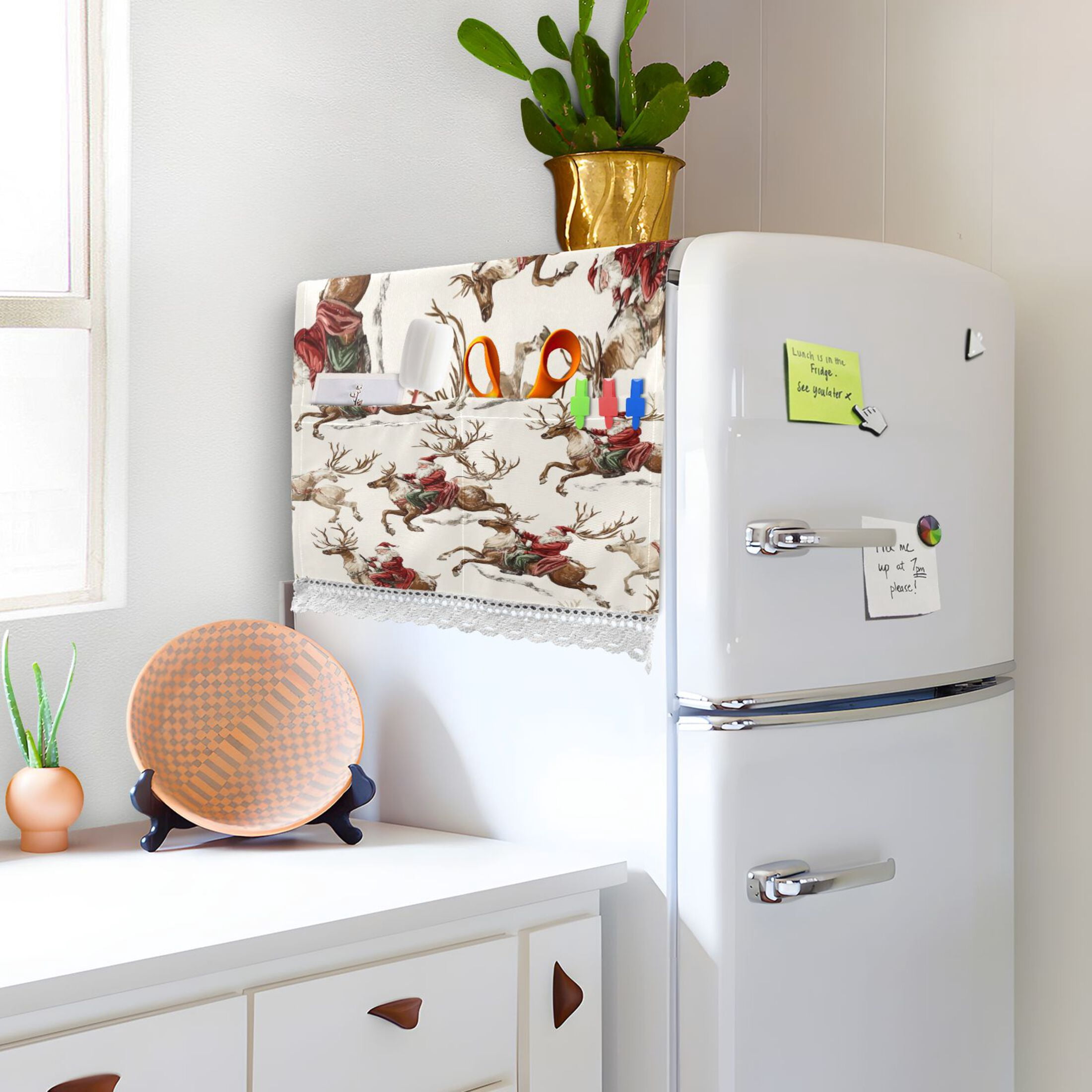 Santa ClausWasher and Dryer Covers Dust-Proof and Oil Resistant Fridge Cover with 4 Storage Pockets Washing Machine Top Cover for Laundry Kitchen Home 51.2 x 22 In