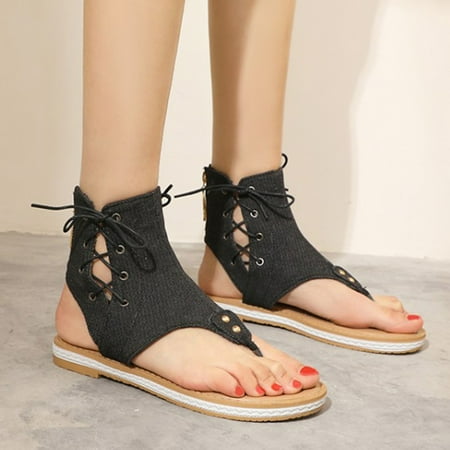 

XIAQUJ Large Clip Toe Sandals for Women Comfortable Flat Denim Lace up Sandals Sandals for Women Black 7(38)