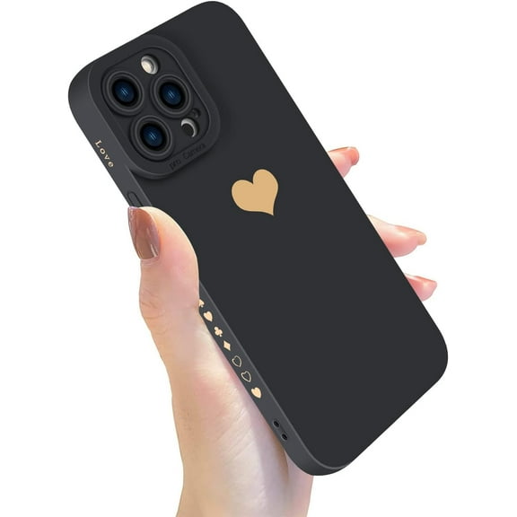 Designed for iPhone 13 Pro Max Case (6.7 in) for Women Slim Silicone Camera Lens Protective Case with Cute Gold Heart Pattern Silky-Soft Touch Shockproof Cover for iPhone 13 Pro Max-Black