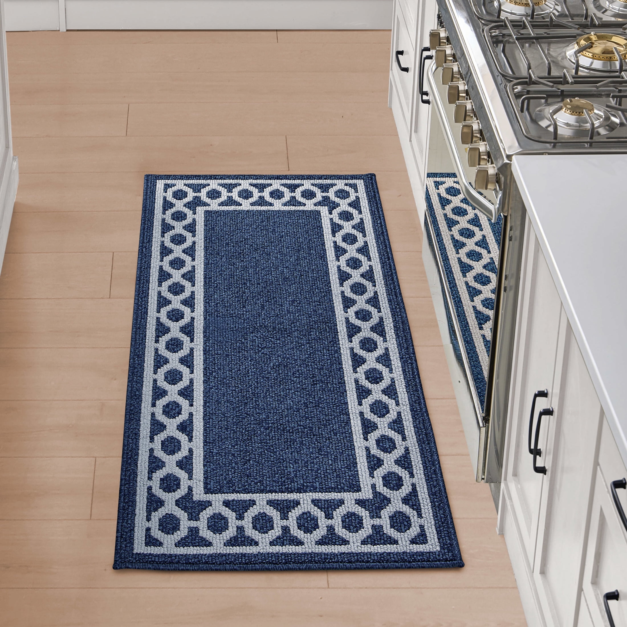 Washable Skid-Resistant Runner Rug, Trellis Border , Denim Twist and Light Grey , 26" x 72"