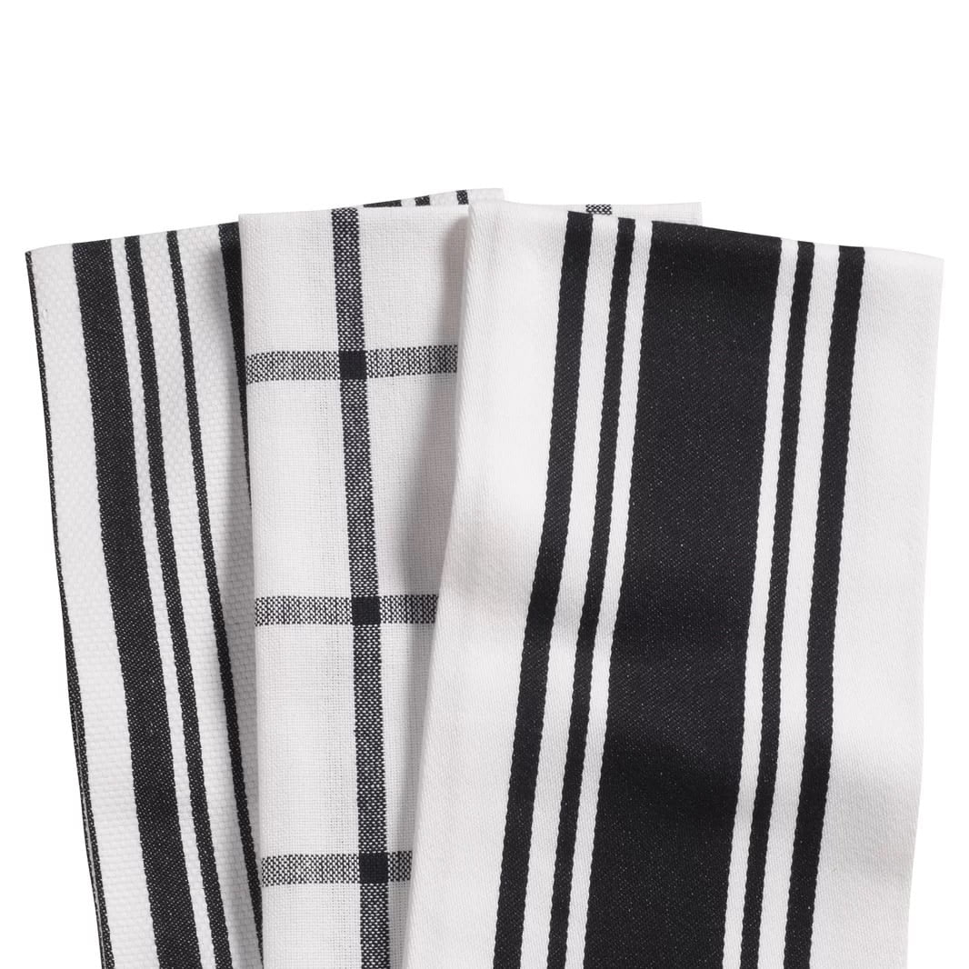 KAF Home Centerband/Basketweave/Windowpane Kitchen Towels, Set of 3, Black