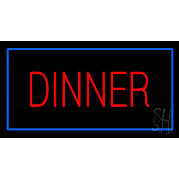 Red Dinner Rectangle Blue LED Neon Sign 20 x 37 - inches, Black Square Cut Acrylic Backing, with Dimmer - Bright and Premium built indoor LED Neon Sign for restaurant window and interior decor.