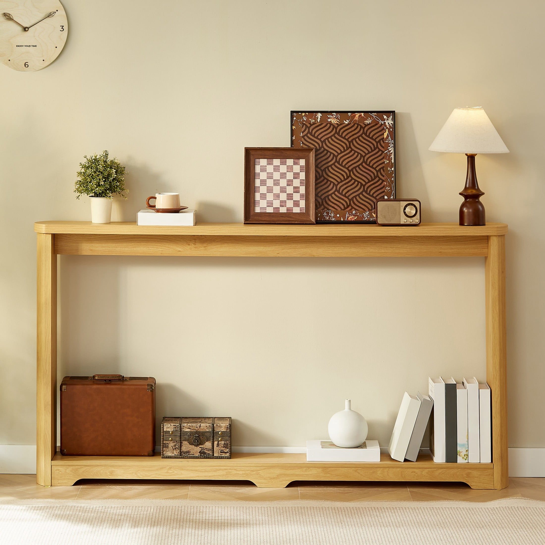 Noble House 70.1" Narrow Console Table, Modern Wave Texture Entryway & Sofa Table with Storage Shelf, Natural