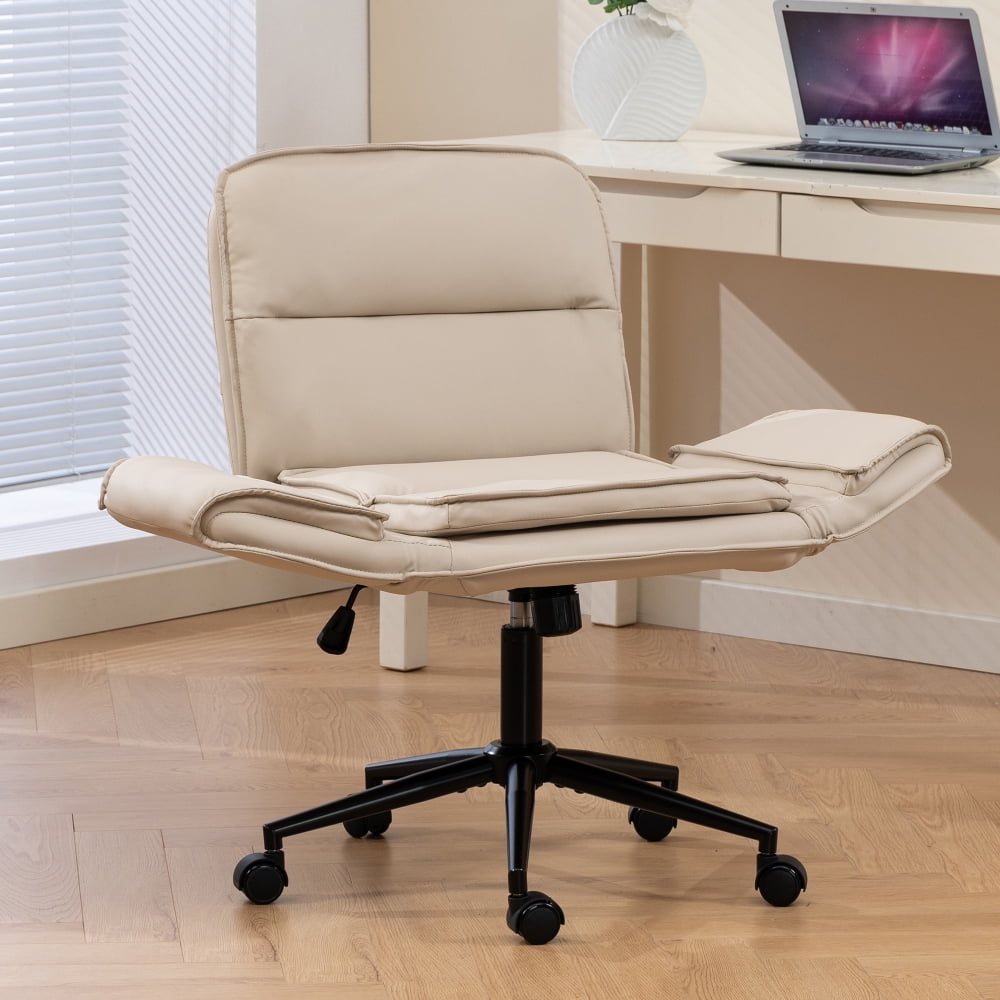 Pawverly cross-over office chair, with wheels, ergonomic swivel design, 5-position adjustable armrests, thick padded backrest, beige PU vanity chair, suitable for home offices and bedrooms.