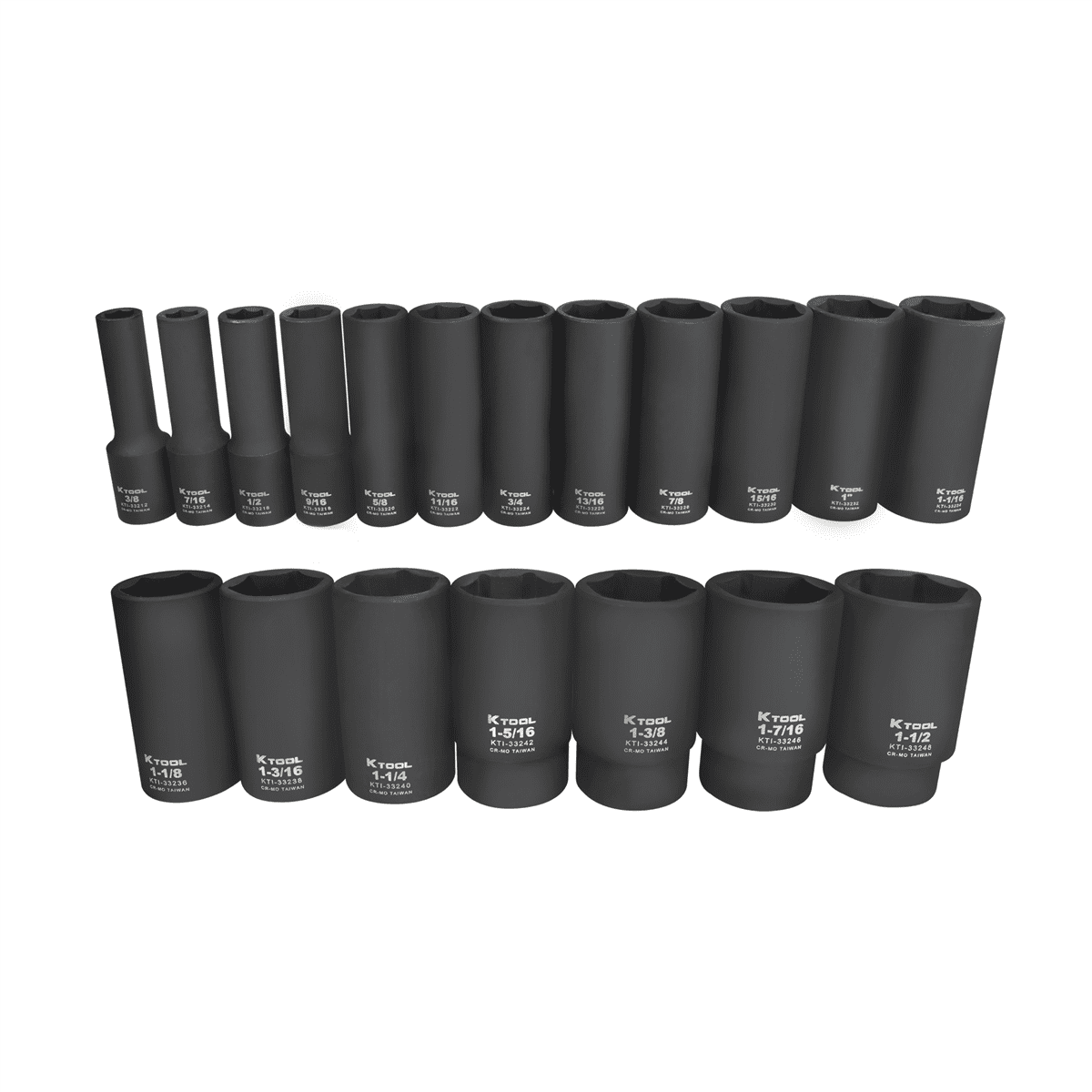 K-Tool 33202 1/2" Drive SAE Deep Impact Socket Set 19pc, Heat Treated Steel