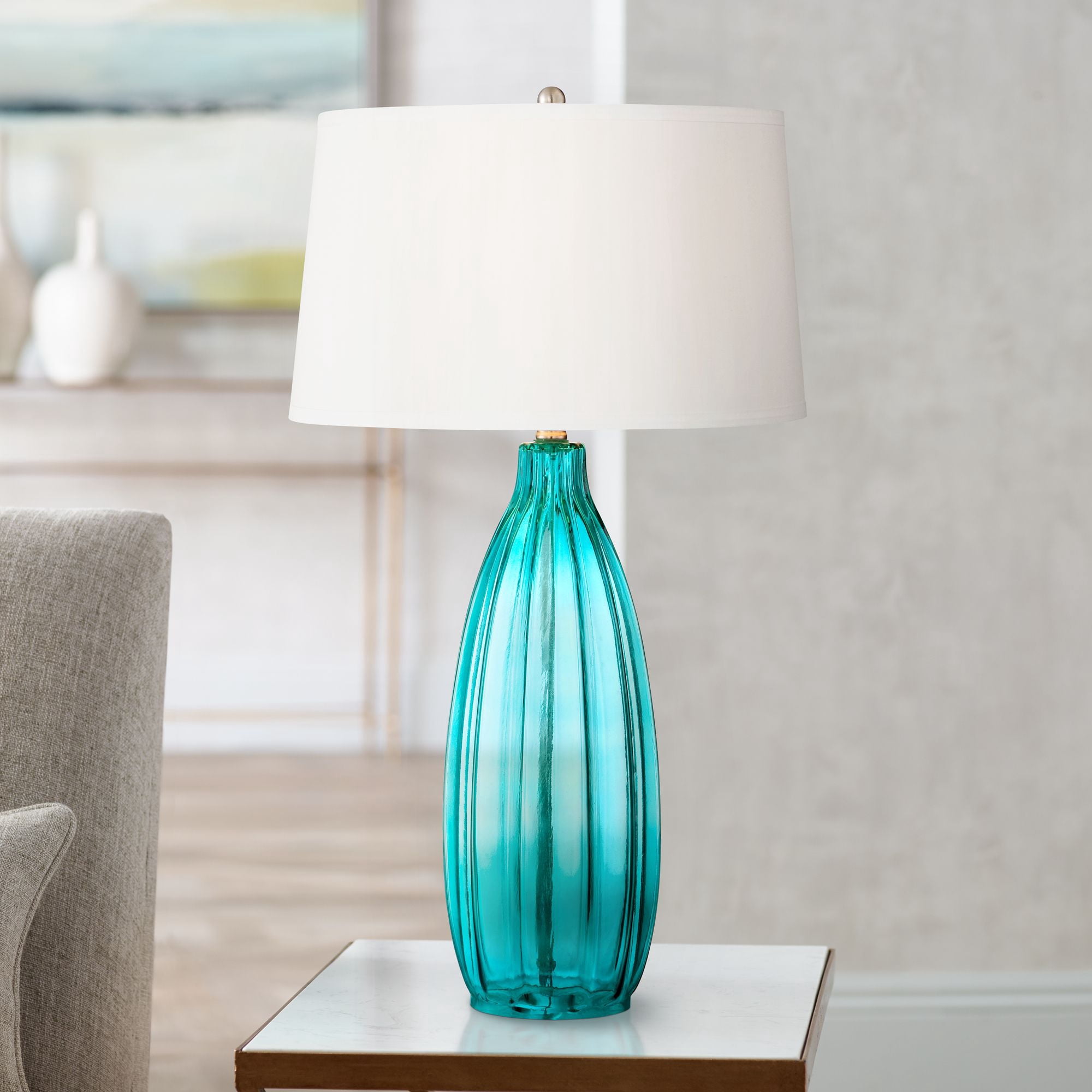 360 Lighting Coastal Table Lamps 30" Tall Set of 2 Fluted Blue Glass White Drum Shade for Living Room Family Bedroom Bedside Nightstand
