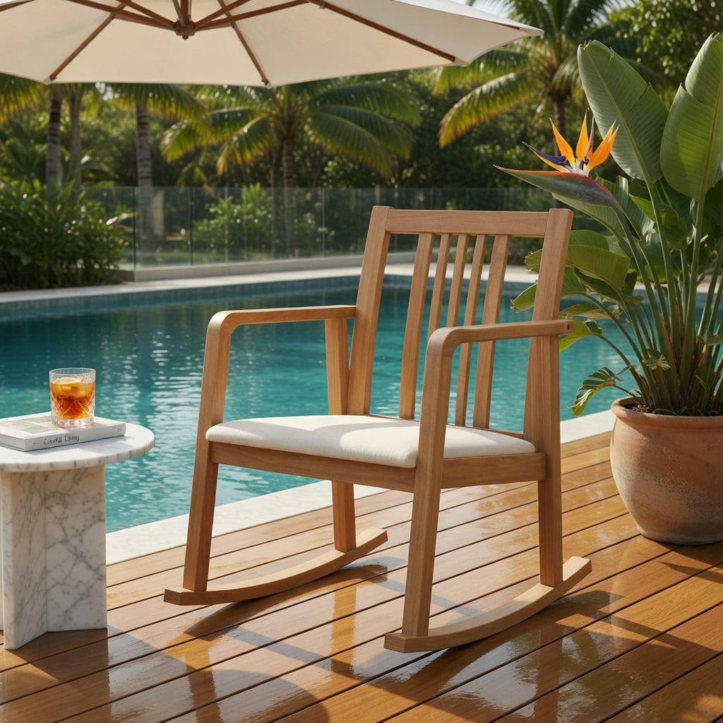 Hommoo Rubber Wood Rocking Chair with Slatted Back, Curved Armrests & Linen Upholstery, Ergonomic Indoor/Outdoor Relaxation Chair, Natural