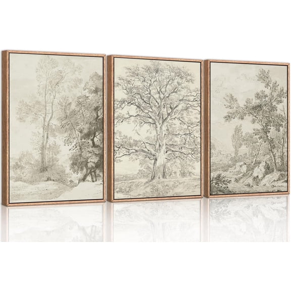 Vintage Sketchbook Forest Framed Canvas Wall Art Set, Neutral Minimalist Tree Wall Decor, Wilderness Illustration Wall Painting, Retro Botanical Art Print Living Room, Office 16"x24"x3