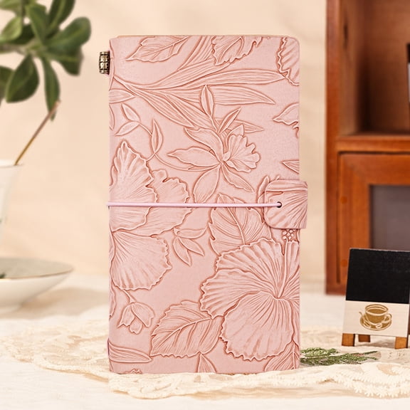 7×4.1in Pocket-Sized Notebook, Pink Embossed Floral Leather Journal, Refillable Travel Notebook with Elastic Strap, Multi-Page Styles Lined/Grid/Blank Diary