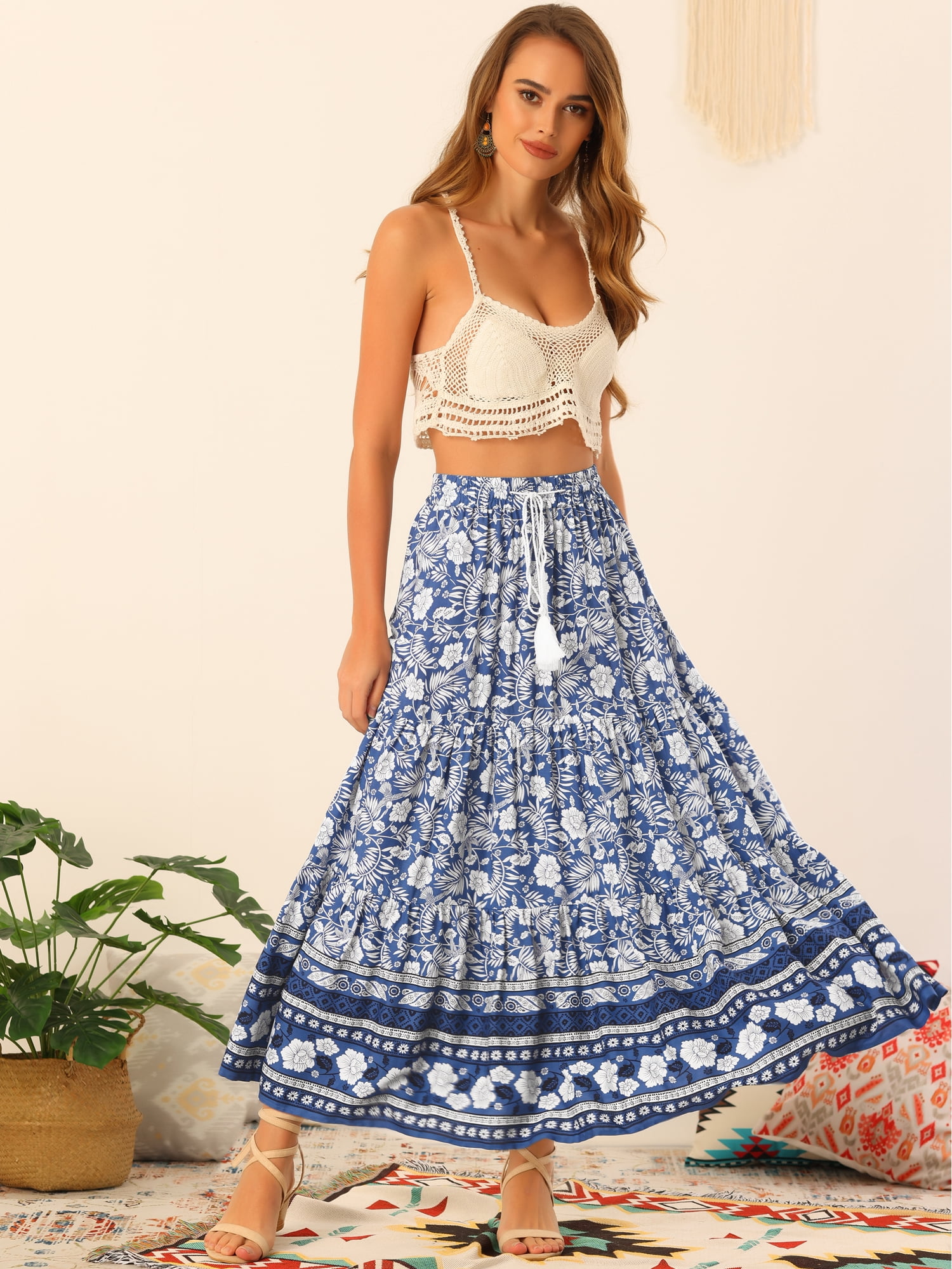 DARING DIVA Women's Bohemian Tassels Elastic Waist Casual Floral Maxi Skirt L Blue